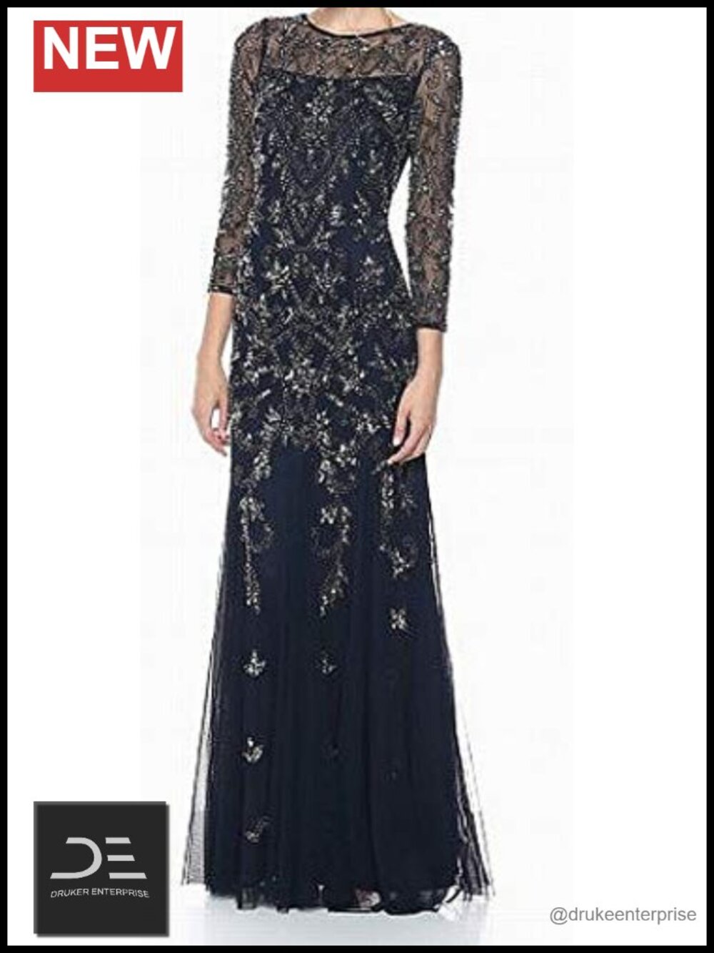 Beaded Formal Evening Gown 3/4 Sleeve Boat Neck A-Line Long Dress
